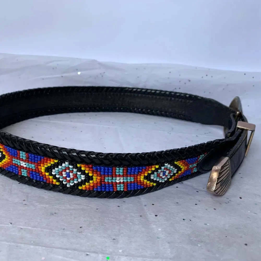 Vintage LL Bean Bauer 1991 Mens Genuine Leather Southwestern Beaded Belt EUC!